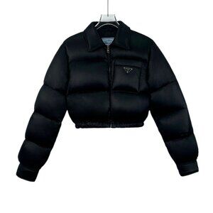 CW0344 Prada Black Nylon Puffer Jacket Cropped Fit With Zipper Closure & Logo